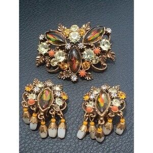 Vintage Florenza Aurora Borealis Rhinestone Signed Circa  Brooch Earring Set